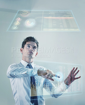 Buy stock photo Business man, point and stock market on dashboard, holographic interface and planning trading strategy. Entrepreneur, businessman or futuristic graph with 3d hologram, finance or investment analysis