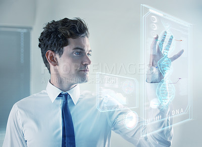 Buy stock photo Business man, research and dna on holographic system for reading, study and tech at pharmaceutical company. Businessman, pharma executive and focus by 3d hologram for analysis on futuristic interface