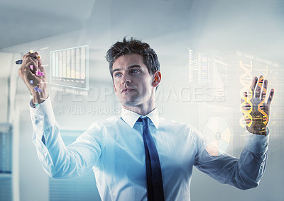 Buy stock photo Shot of a young businessman using a cgi digital interface- ALL screen content on this image is created from scratch by Yuri Arcurs'  team of professionals for this particular photo shoot-this is an alternative version to iStock file 44832592