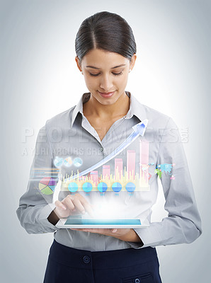 Buy stock photo Businesswoman, studio and tablet with graph hologram for data analytics and overlay for company growth. Accountant, touchscreen and statistics info of charts and online research by grey background