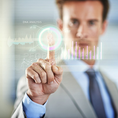 Buy stock photo DNA hologram, touch or hands of businessman or user for interface, connection or digital research. Health, touchscreen or closeup of entrepreneur with finger to press on virtual system or innovation