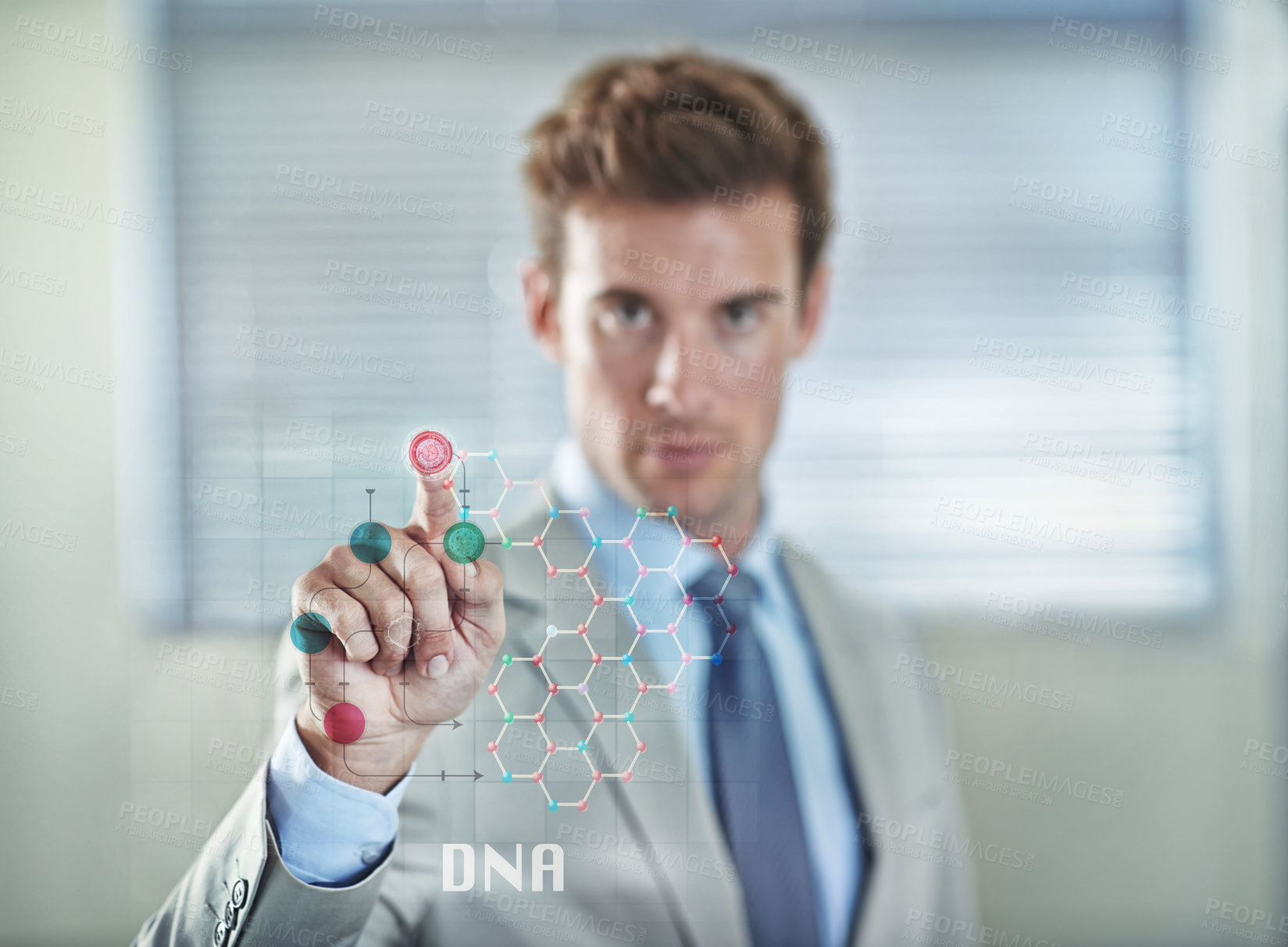 Buy stock photo DNA overlay, future or hands of businessman or user for interface, connection or digital research. Health, touchscreen or closeup of entrepreneur with finger to press on virtual system or innovation 