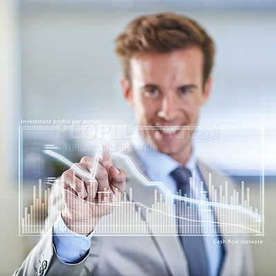 Buy stock photo Charts hologram, portrait or businessman in the stock market for finance analysis, trading database. Economy research, touchscreen or financial trader reading investment statistics, profit analytics