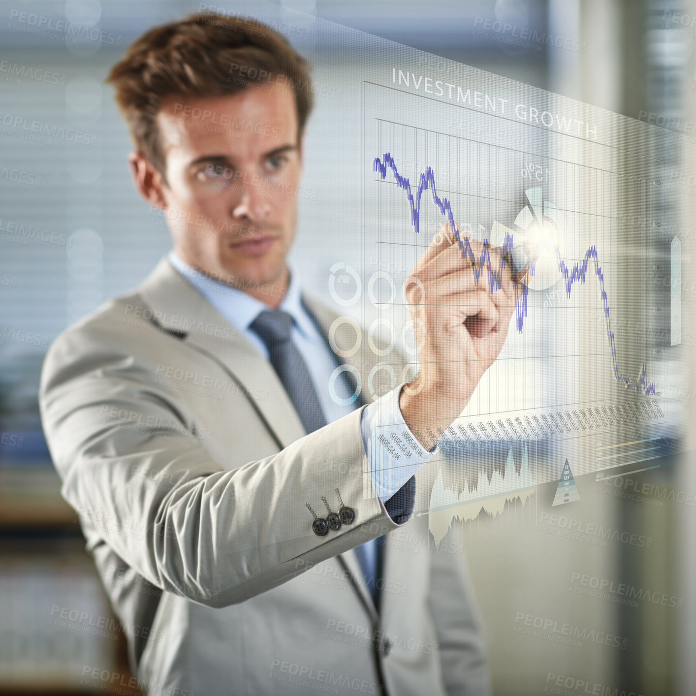 Buy stock photo Hologram, business and man with charts futuristic and digital planning with software or brainstorming with growth. Male agent, employee or entrepreneur with data analytics, investment and holographic