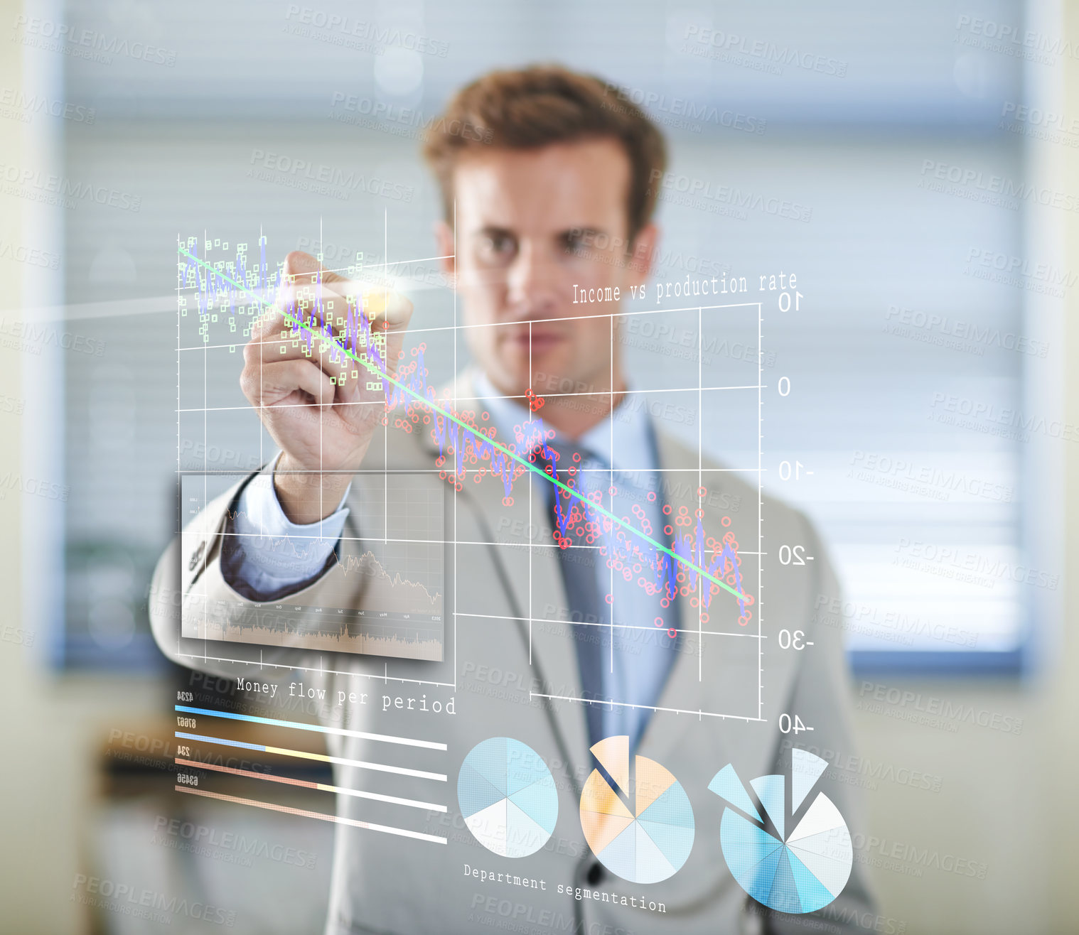 Buy stock photo Future, touch or businessman charts with hologram or overlay for technology for growth statistics. 3d, financial or entrepreneur with touchscreen for money flow info, database or enterprise graphs