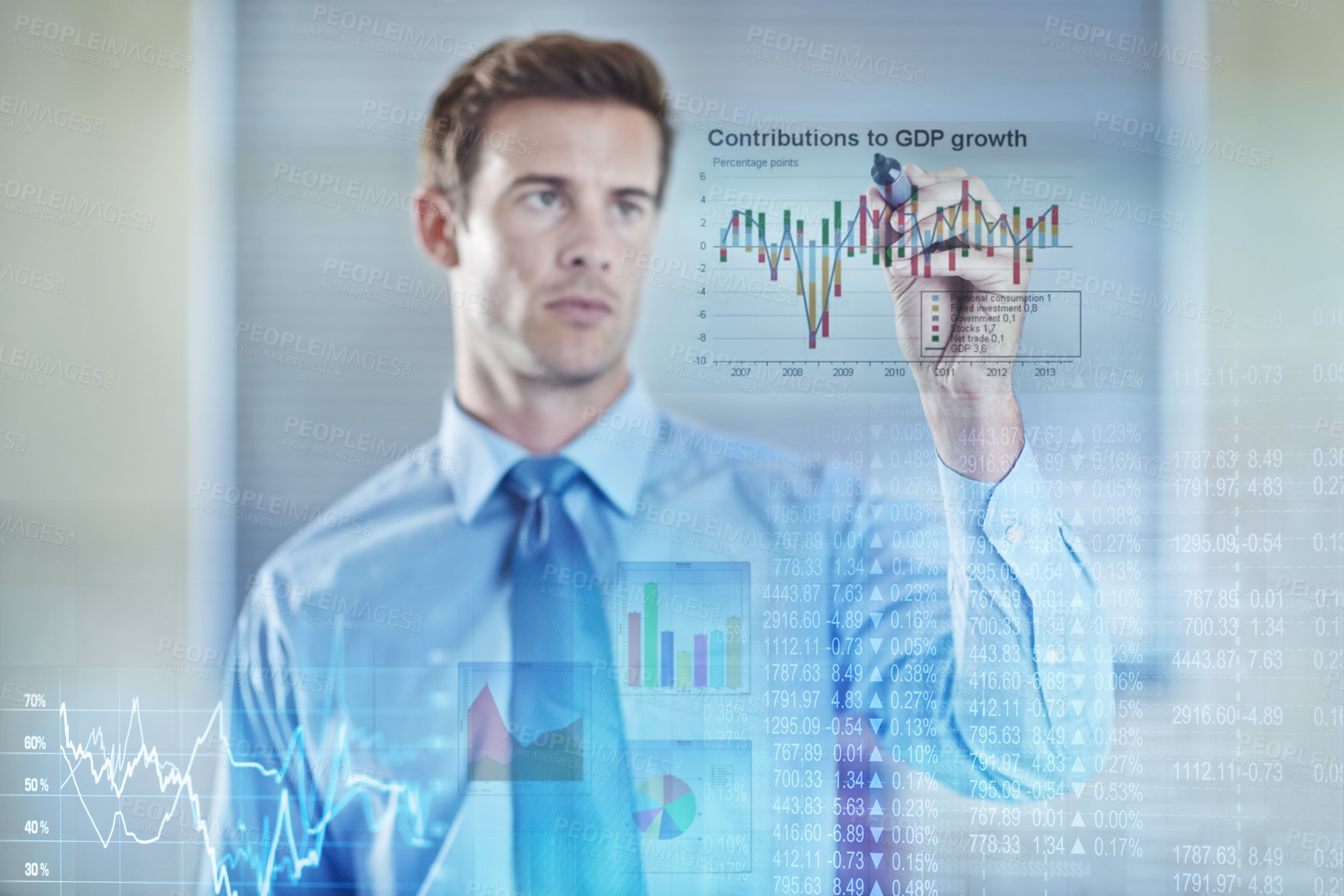 Buy stock photo Businessman, planning and writing with data on board or marker on glass with strategy for future economy. Financial, review and man with solution on window or screen with profit, graph and results