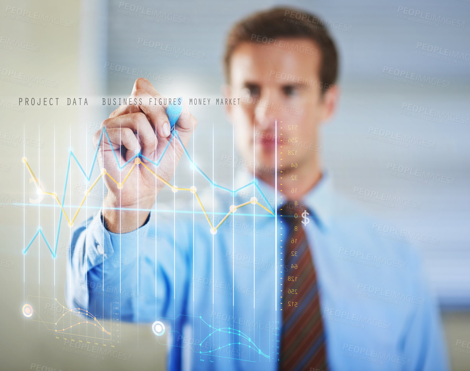 Buy stock photo Abstract, hologram and businessman writing on graphs for software technology with information. Futuristic, career and professional finance analyst planning investment statistics with 3d chart display