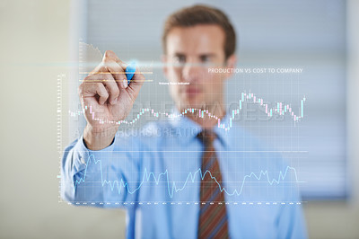 Buy stock photo Abstract, hologram and businessman writing on charts for software technology with information. Futuristic, career and professional finance analyst planning investment statistics with 3d graph display