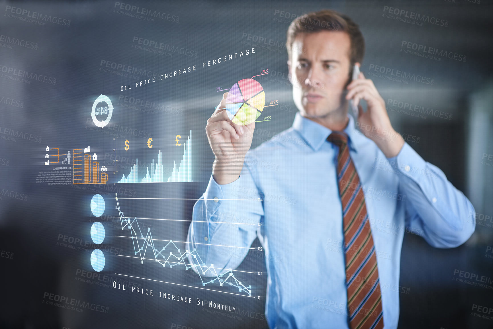 Buy stock photo Cropped shot of a handsome young businessman talking on the phone while using a digital interface