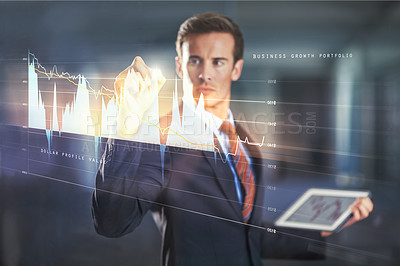 Buy stock photo Businessman, data and writing on digital interface with statistics or analysis for stock market. Tablet, tech and professional trader on graph on touchscreen, finance or investment on double exposure