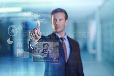 Buy stock photo Businessman, news and hologram with display of digital interface with reporter. Male person, online and check update on global information with future or advanced technology and high tech for data