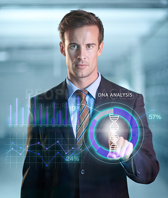 Buy stock photo Businessman, online and portrait with futuristic hologram of dna analysis, database and information technology. Person, user experience and digital interface for corporate company with abstract tech