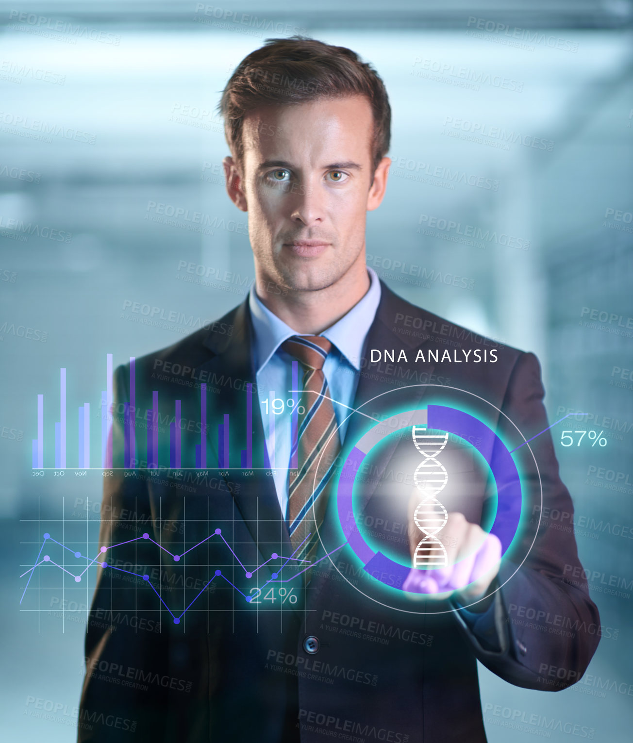 Buy stock photo Businessman, online and portrait with futuristic hologram of dna analysis, database and information technology. Person, user experience and digital interface for corporate company with abstract tech