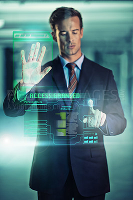 Buy stock photo Businessman, online and glass with security hologram of futuristic biometrics and information technology. Male person, user experience and digital interface for corporate company with hand scan tech