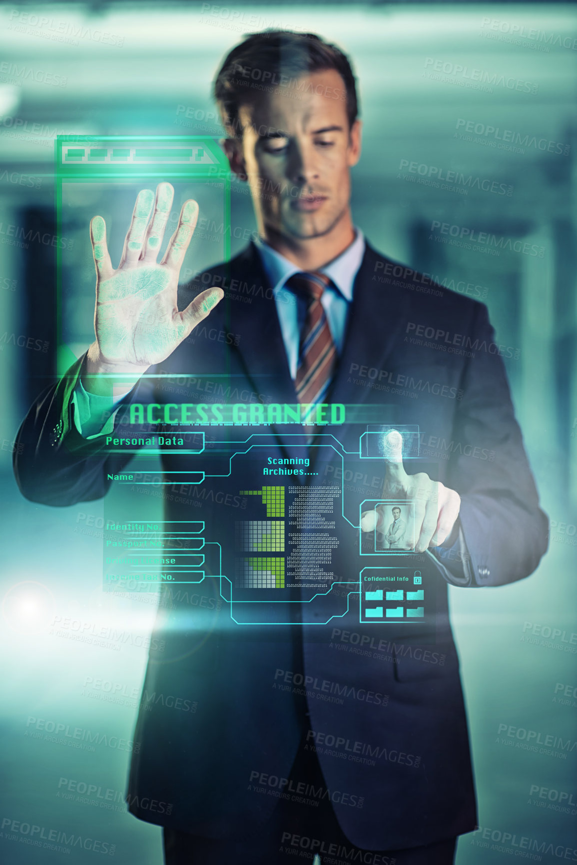 Buy stock photo Businessman, online and glass with security hologram of futuristic biometrics and information technology. Male person, user experience and digital interface for corporate company with hand scan tech