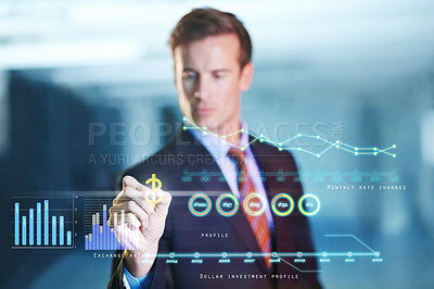 Buy stock photo Business, futuristic and man with hologram, digital interface and planning with charts. Male person, employee and entrepreneur with information, interactive or future with ideas, innovation or profit