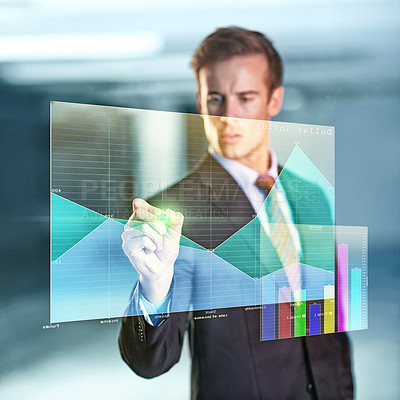 Buy stock photo Businessman, drawing and graph with digital interface for future in software for corporate presentation. Male Person, serious and working with ai for company with technology, planning and hologram