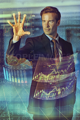 Buy stock photo Businessman, trading and hologram with future display of digital interface or corporate growth. Person, stock market and data graphs for presentation with user experience or information technology.