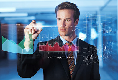 Buy stock photo Businessman, finance and hologram of digital interface of analytics for corporate company, profit growth and data statistics. Person, high tech and graph with trading technology for asset management.