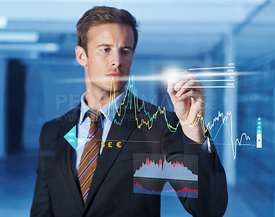Buy stock photo 3D, hologram and businessman writing on graphs for software technology with information. Futuristic, career and professional male finance analyst planning investment statistics with chart display.