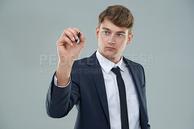 Buy stock photo Future, interface and business man writing in studio isolated on gray background for planning or schedule. Agenda, information and system with corporate employee as metaverse user for checklist