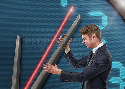 Buy stock photo Businessman, clock and hand for time management stress for career project deadline or overworked, schedule or burnout. Male person, numbers and pushing hour or frustrated crisis, corporate or problem