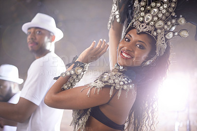 Buy stock photo Portrait, dance and carnival with woman in Brazil for music, festival or celebration of culture. Rio de Janeiro, party and smile with happy dancer person outdoor for performance, show or tradition