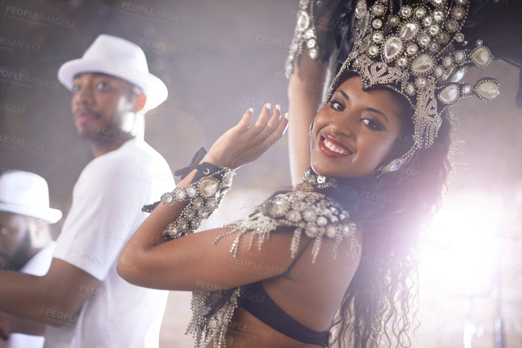 Buy stock photo Portrait, dance and carnival with woman in Brazil for music, festival or celebration of culture. Rio de Janeiro, party and smile with happy dancer person outdoor for performance, show or tradition