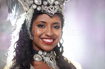 Buy stock photo Portrait, music and carnival with woman in Brazil for party, festival or celebration of culture. Rio de Janeiro, dance and smile with face of dancer person outdoor for performance, show or tradition