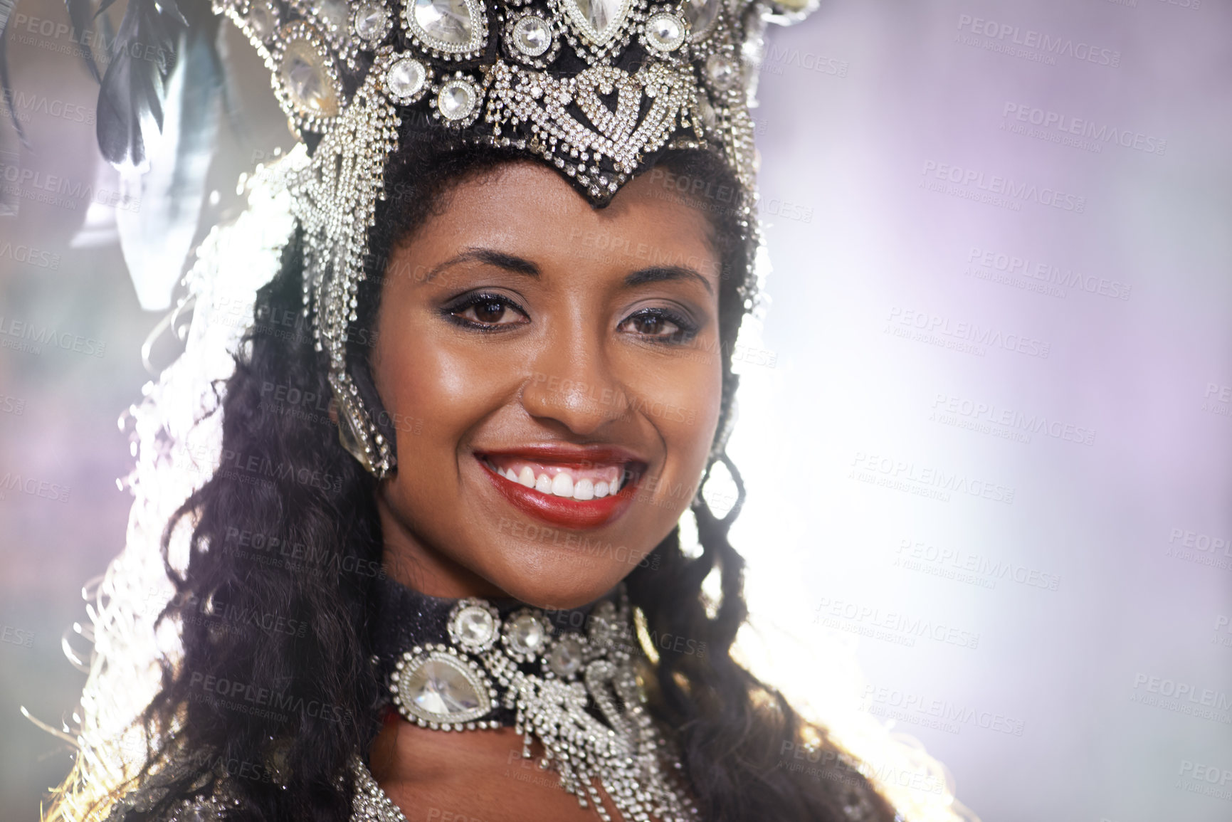 Buy stock photo Portrait, music and carnival with woman in Brazil for party, festival or celebration of culture. Rio de Janeiro, dance and smile with face of dancer person outdoor for performance, show or tradition
