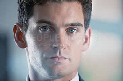 Buy stock photo Portrait, mindset and serious with business man closeup in office for opportunity or start of new job. Face, work and career with confident young corporate employee in company workplace for career
