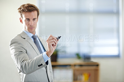 Buy stock photo Businessman, planning and presentation with marker on  glass, thinking and writing ideas for vision. Professional person, stand and work in office strategy, preparation and concentrate for project