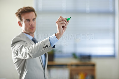 Buy stock photo Businessman, marker and hand drawing on screen for presentation, sketch and writing in office workshop. Pen, professional and touchscreen for idea, technology and serious teacher on virtual board