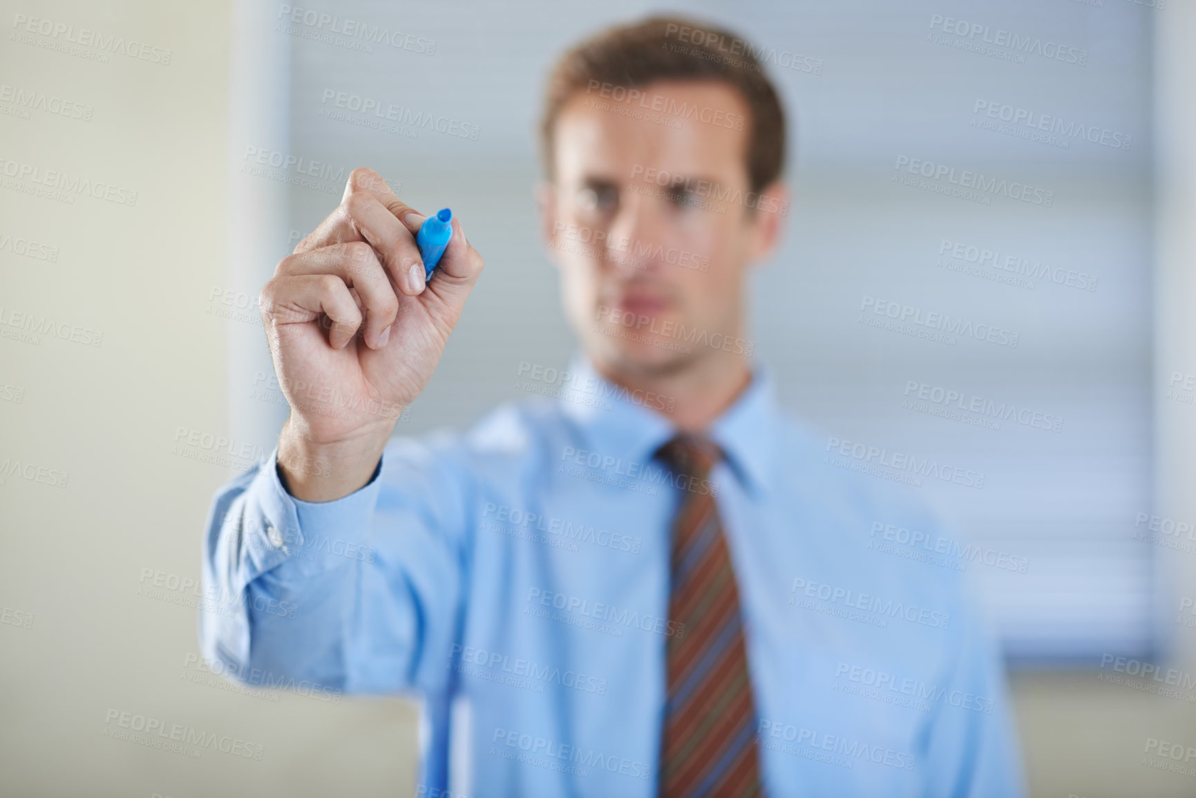 Buy stock photo Employee, writing and glass with marker for business, professional and working in corporate.  Man, serious and planning with brainstorming for presentation in company for startup, workplace and job