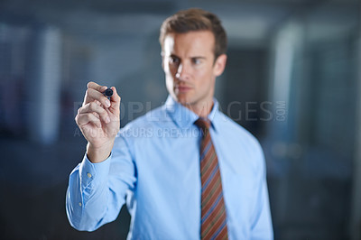 Buy stock photo Businessman, serious and glass with marker for workplace, professional and working in corporate. Employee, planning and brainstorming for presentation in company for startup, office and job.