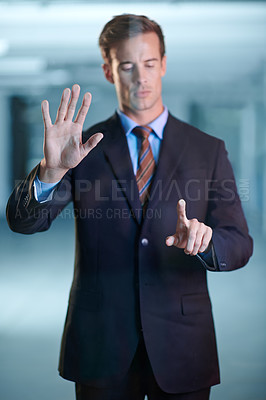Buy stock photo Businessman, touch and glass for digital interface with software for future in corporate presentation. Male Person, serious and professional working with company with technology, planning and career