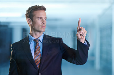 Buy stock photo Business man, press or fingerprint for password and identity, screen and biometric information. Cybersecurity, safety and digital privacy for corporate system or database, technology and verification