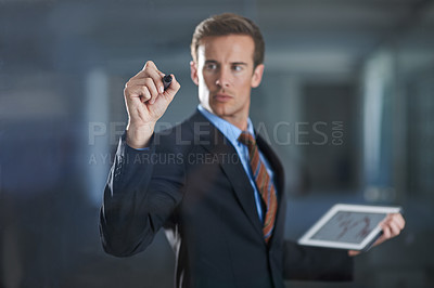 Buy stock photo Businessman, tablet and writing with marker for stock market, professional and suit for corporate. Male person, brainstorming and planning for company, working and technology with connection