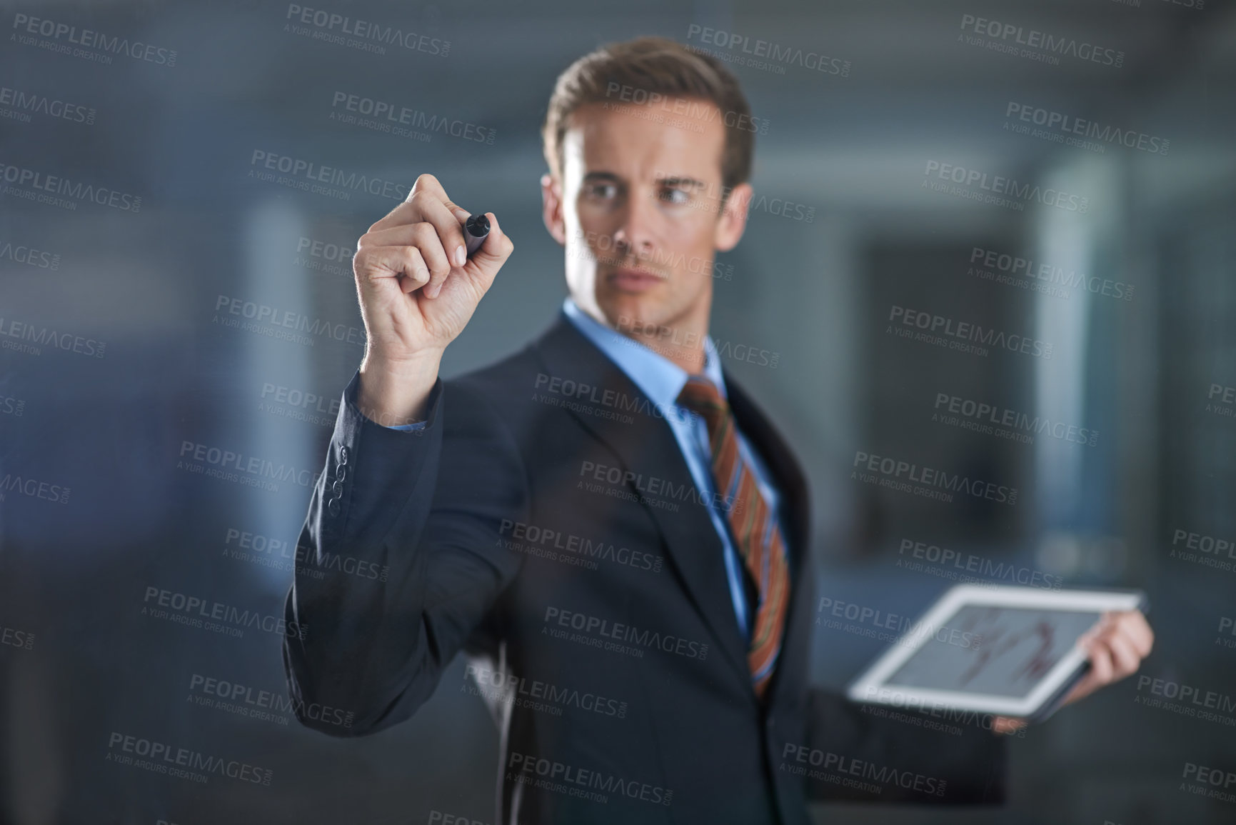 Buy stock photo Businessman, tablet and writing with marker for stock market, professional and suit for corporate. Male person, brainstorming and planning for company, working and technology with connection