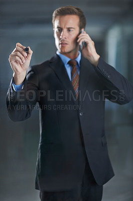 Buy stock photo Phone, calll and businessman writing with marker in office, professional and suit for corporate. Male person, brainstorming and planning for company, communication and talking with mobile technology