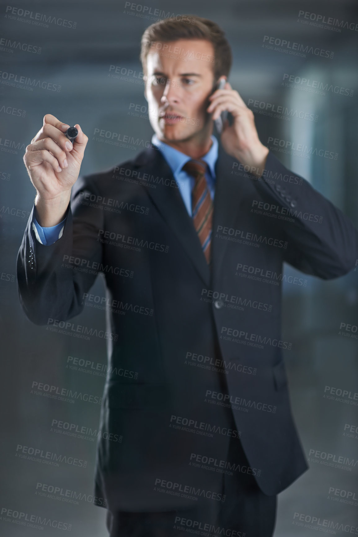 Buy stock photo Phone, calll and businessman writing with marker in office, professional and suit for corporate. Male person, brainstorming and planning for company, communication and talking with mobile technology