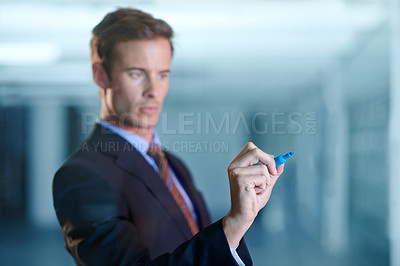 Buy stock photo Man, writing and glass with marker for corporate, professional and working in business. Employee, serious and planning with brainstorming for presentation in company for startup, workplace and job