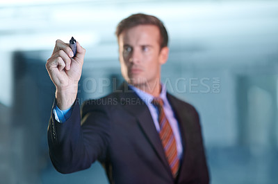 Buy stock photo Businessman, glass wall and writing for corporate brainstorming as wealth manager or finance growth, loan or budget. Male person, marker and problem solving in office or solution, development or pen