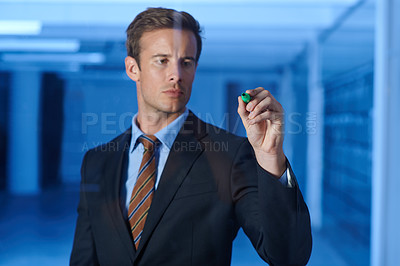 Buy stock photo Businessman, planning and writing on glass with marker in office for ideas or strategy for future. Professional, brainstorming and man problem solving on window or screen in workplace at night