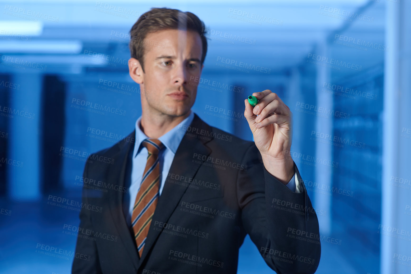 Buy stock photo Businessman, planning and writing on glass with marker in office for ideas or strategy for future. Professional, brainstorming and man problem solving on window or screen in workplace at night