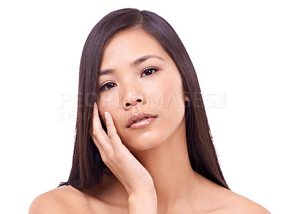 Buy stock photo Asian woman, face and aesthetic with studio, skin care and cosmetic for treatment or care. Japanese model, portrait and beauty with confidence, satisfaction and wellness isolated on white background