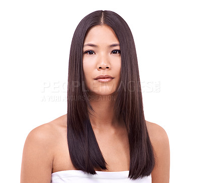 Buy stock photo Woman, portrait and brazilian for haircare in studio, beauty and pride for hair treatment on mockup space. Asian female person, wellness and shampoo for cosmetic on white background, keratin and care