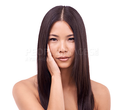 Buy stock photo Asian woman, portrait and glow with studio, skincare and cosmetic for treatment or care. Japanese model, face and natural beauty with confidence, haircare and wellness isolated on white background