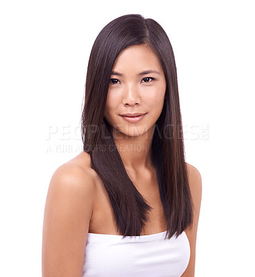 Buy stock photo Cropped shot of a beautiful young oriental woman against a white background