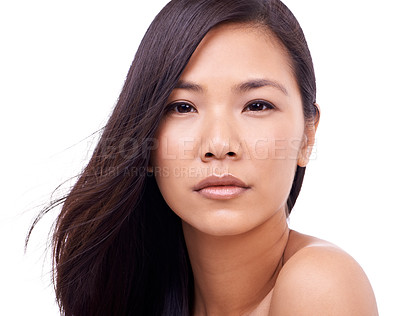 Buy stock photo Asian woman, portrait and white background with soft skin for beauty, smile and cosmetics for skincare or routine. Wellness, closeup and natural or healthy face with dermatology isolated in studio